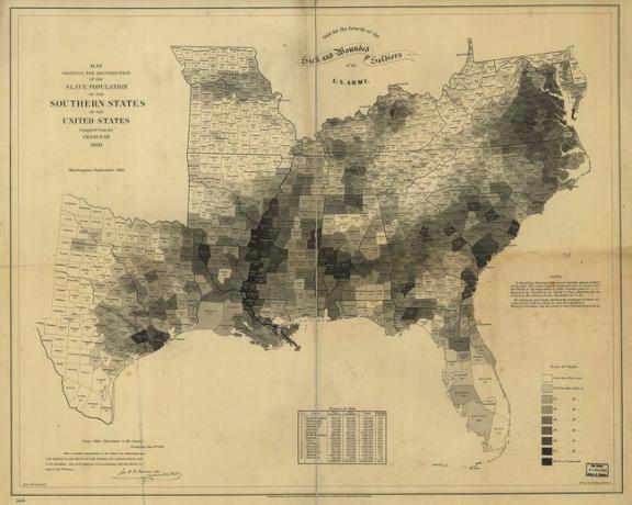 A rabszolgák százalékos aránya a lakosságban a rabszolgatartó államok egyes megyéiben 1860-ban.