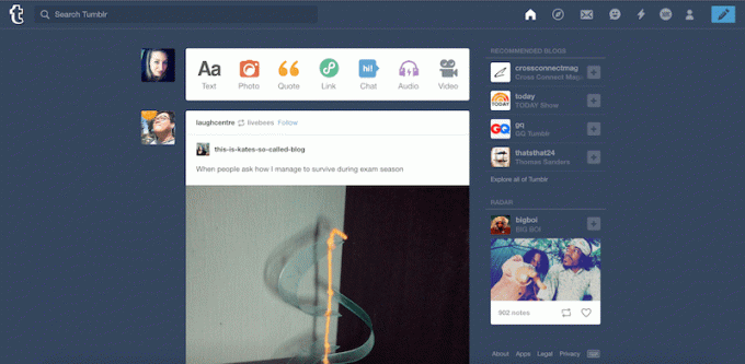 A Tumblr műszerfalának képernyőképe