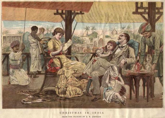 1900 körül: Egy brit család ünnepli a karácsonyt Indiában.