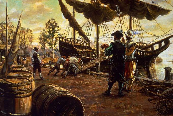 A telepesek dohány hordókat sodornak rámpán és hajóra az exportra való felkészülés érdekében, Jamestown, Virginia, 1615.