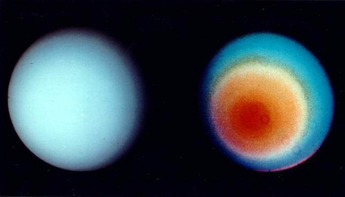 Két kilátás az Uránuszról a Voyager 2-ből.