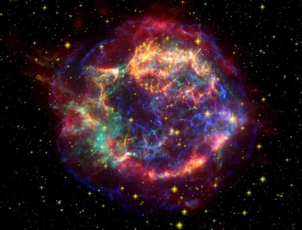 A Cassiopeia A (Cas A) hamis színes képe a Hubble és a Spitzer távcsövek, valamint a Chandra X-ray Observatory megfigyeléseinek felhasználásával.