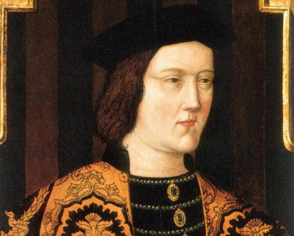 IV. Edward király portréja narancssárga köntösben és egy fekete kalapban.