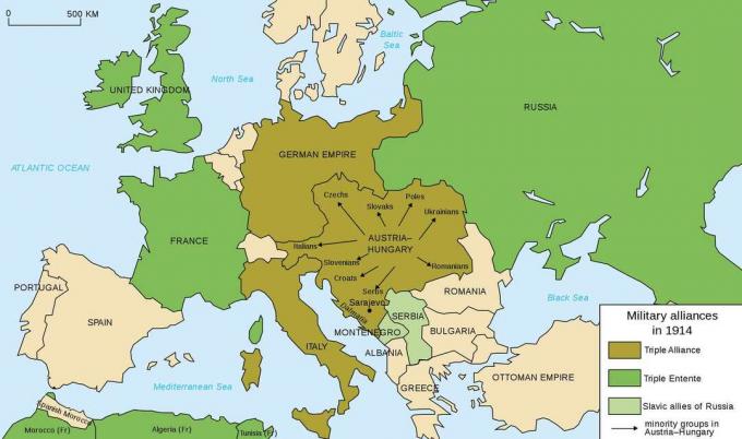 Európa katonai szövetségeinek térképe 1914-ben.