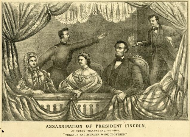 Lincoln elnök meggyilkossága a Ford Színházban, 1865. április 14-én, a H. H. Lloyd & Co. ebben a litográfiában leírtak szerint