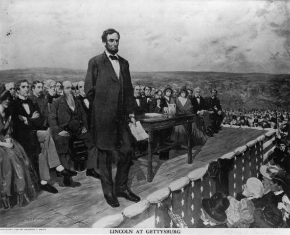 Abraham Lincoln, az Amerikai Egyesült Államok 16. elnöke, 1863. november 19-én elmondja híres gettysburgi beszédét.