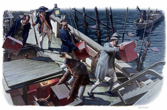 Egy festmény, amely a Boston Tea Party néven ismert " Sons of Liberty" politikai tiltakozását ábrázolja 1773. december 16-án Bostonban, Massachusettsben.