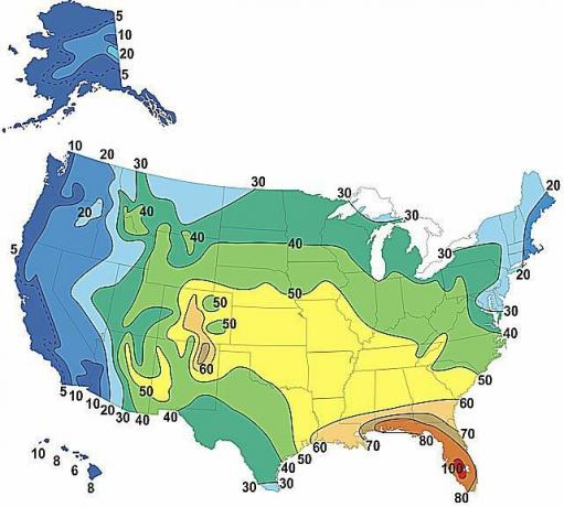 Térkép, amely megmutatja a zivatar napok átlagos számát évente az Egyesült Államokban (2010)