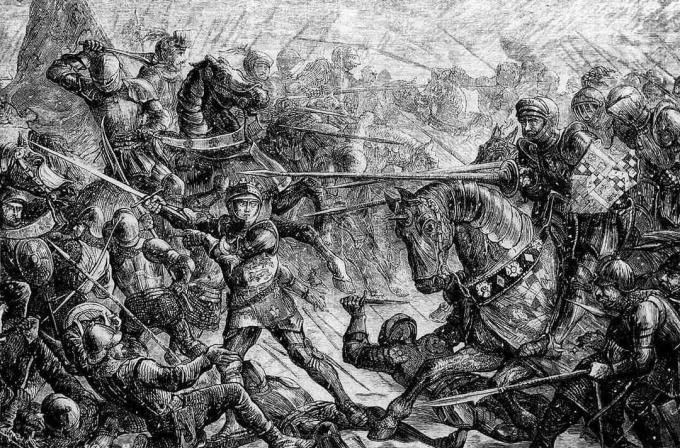 A lovagok harcolnak a lóháton a Towtoni csatában.