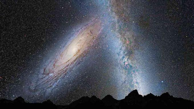 Andromeda és a Tejút ütköznek egymással, ahogy a galaxisunk belsejében lévő bolygó felszínéről nézünk.