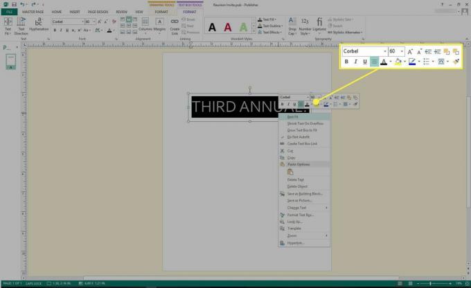 A Microsoft Publisher képernyőképe kiemelve a szövegformázó eszközöket