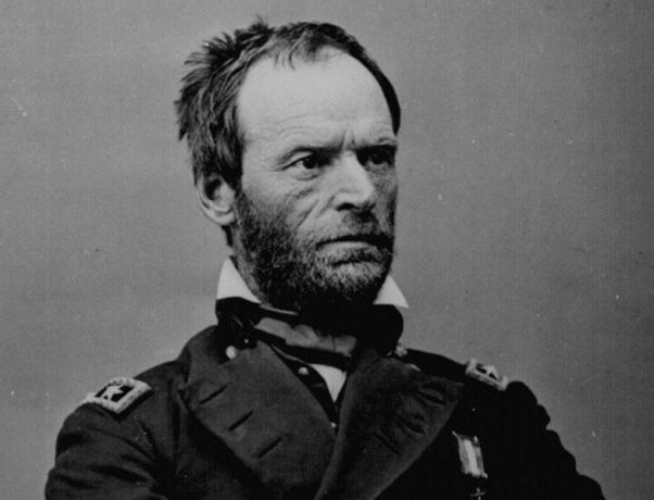 William T. tábornok Sherman egy kék uniós hadsereg egyenruhájában ült.