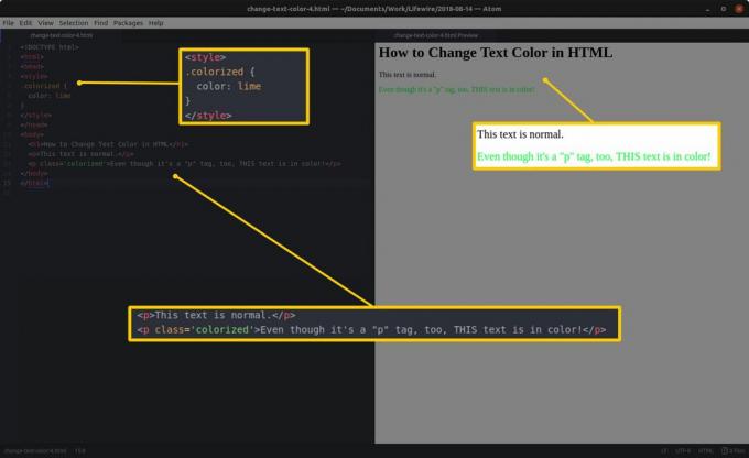 Kódszerkesztő HTML és kiemelt szakaszokkal a bal oldalon, valamint HTML előnézet és kiemelt eredmények a jobb oldalon