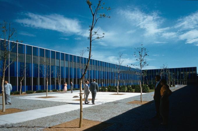 kék árnyalatú ablakok az Eero Saarinen Designed IBM Center-ben, Rochester, Minnesota, c. 1957