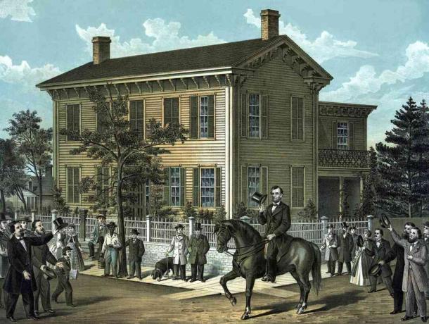 Polgárháború nyomtatása Abraham Lincoln lovaglásáról lovaglás közben, mint a tömeg
