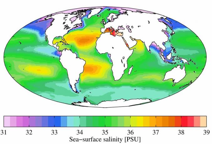A tengeri felület éves átlagos sóssága a 2009. óceáni Világ-óceáni atlaszból A sótartalmat a gyakorlati sótartalom egységekben (PSU) soroljuk fel.