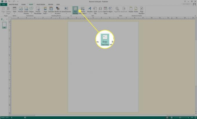 A Microsoft Publisher képernyőképe a szövegdoboz rajzolásával kiemelve