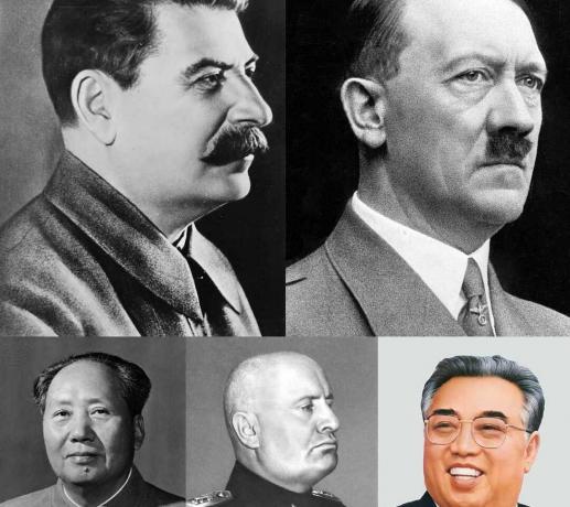 A totalitárius vezetők kollázsa (minden sorban - balról jobbra) Joseph Stalin, Adolf Hitler, Mao Ce-tung, Benito Mussolini és Kim Il-sung.