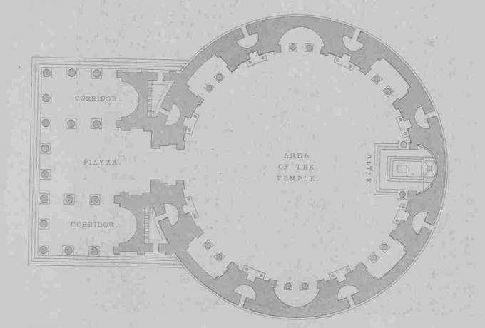alaprajz a templom kör alakú részén, folyosókkal és balra a piazzal