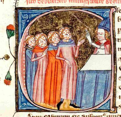 Egy pap által áldott pestis áldozatok (14. századi megvilágított kézirat)