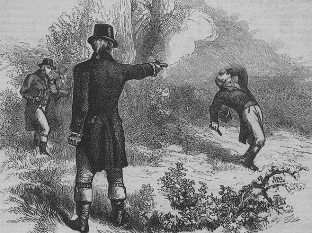 Aaron Burr alelnök megölte Alexander Hamilton volt pénzügyminisztert egy párbajban 1804. július 11-én.