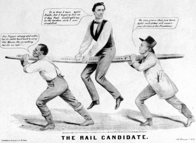 Lincolnot egy politikai rajzfilmben vasúti jelöltként ábrázolták.