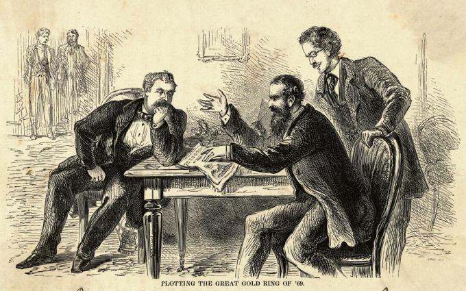 James Fisk (balra) és Jay Gould (jobbra ülő) ábrázolja az 1869-es nagy arany gyűrűt. Metszés.