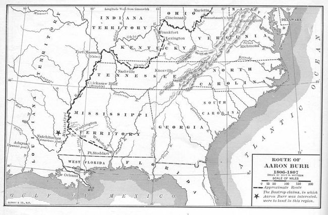 A térkép szemlélteti Aaron Burr volt amerikai alelnök hozzávetőleges útvonalát a Mississippi folyón lefelé tett útja során az 1806-1807-es Burr-összeesküvés néven ismertté vált utazás során.